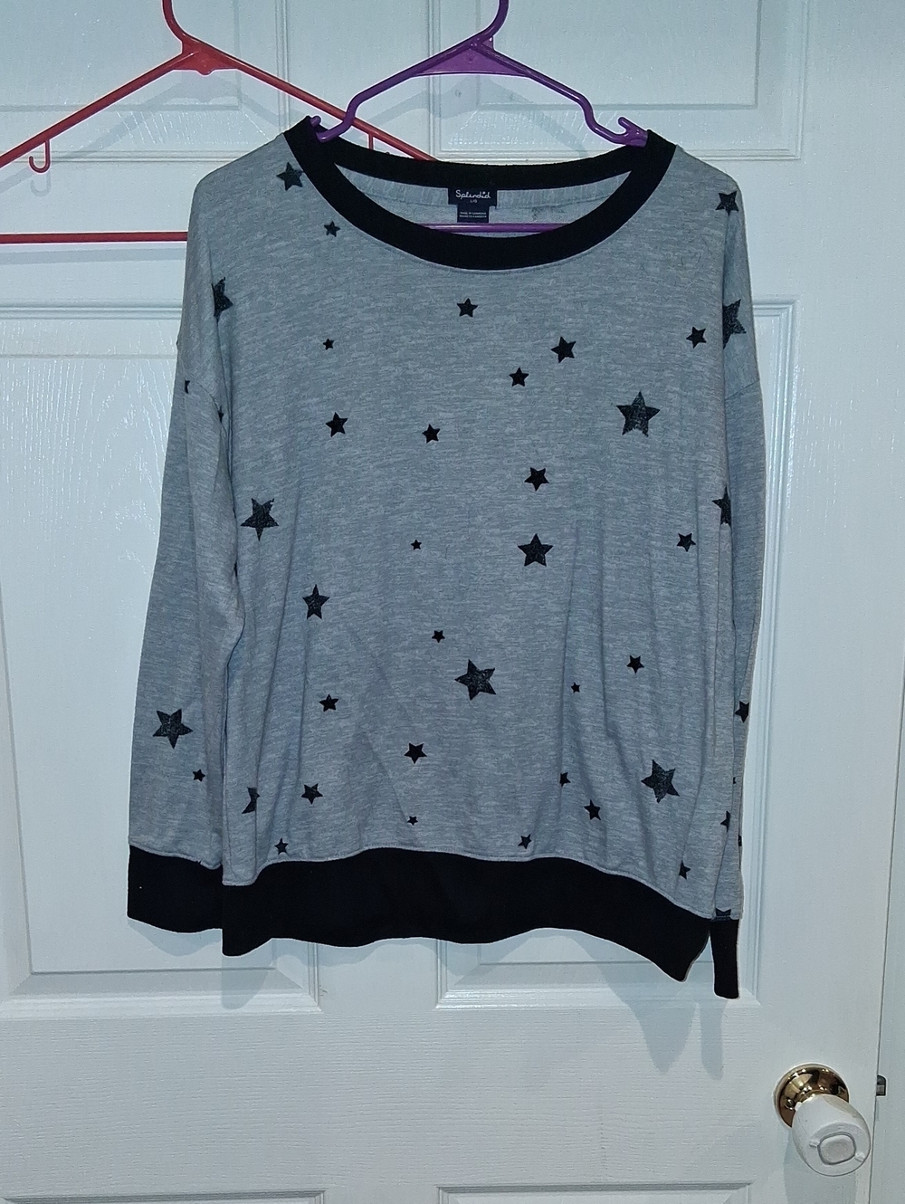 Splendid Grey Star-Print Long Sleeve Top with Black Trim